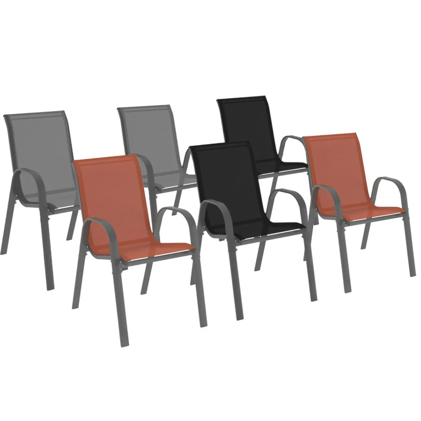 IDMarket 6 chaises de jardin en métal et textilène gris, noir et terracotta empilables* Salons De Jardin