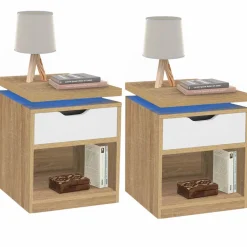 IDMarket 2 tables de chevet à LEDS tiroir et niche bois façon hêtre et blanc* Collection Design|Chambre Complète Adulte