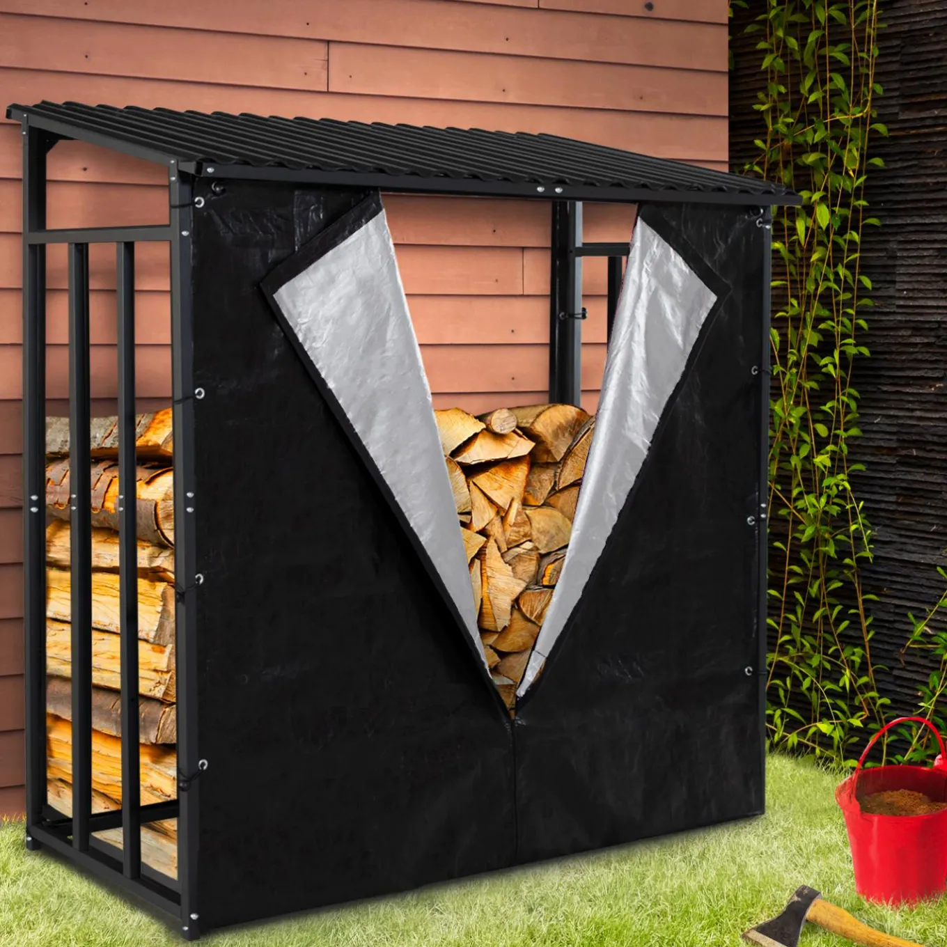 IDMarket Abri bûches extérieur avec housse de protection* Abris De Jardin|Stockage Du Bois