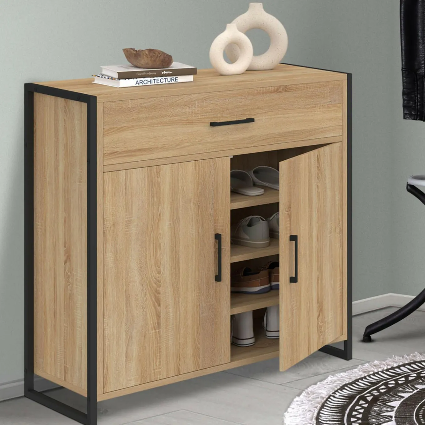 IDMarket Armoire à chaussures 12 paires 2 portes et 1 tiroir design industriel* Petits Meubles|Meubles À Chaussures