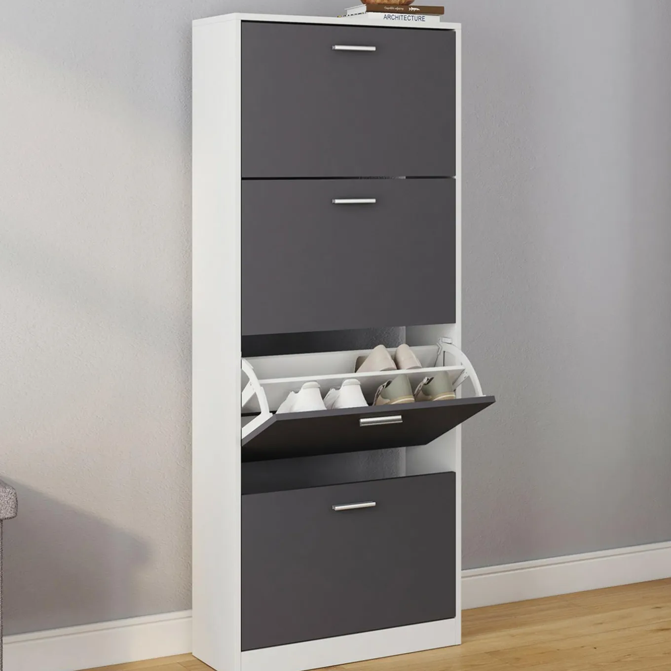 IDMarket Armoire à chaussures 4 portes grises* Meubles À Chaussures