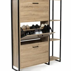 IDMarket Armoire à chaussures bois imitation hêtre et métal noir* Meubles Hauts|Meubles En Bois