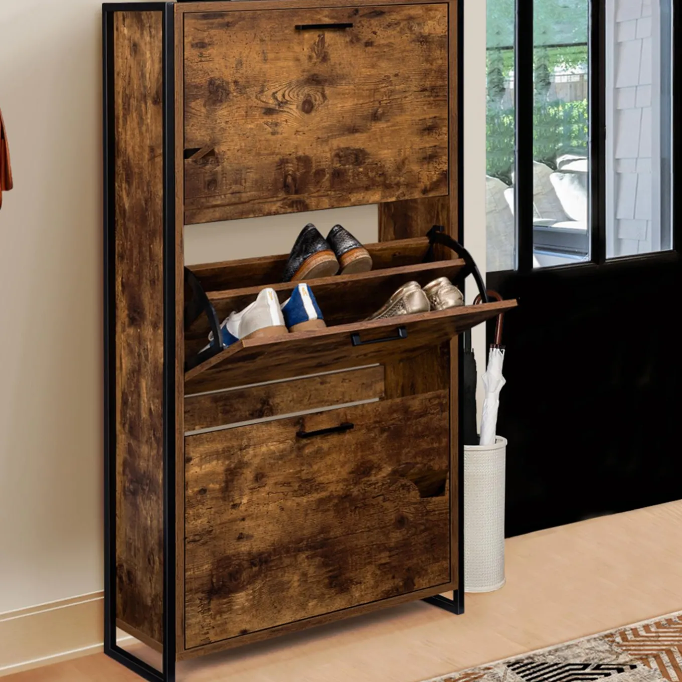 IDMarket Armoire à chaussures industrielle 3 portes effet vieilli* Collection Vintage|Collection Industrielle