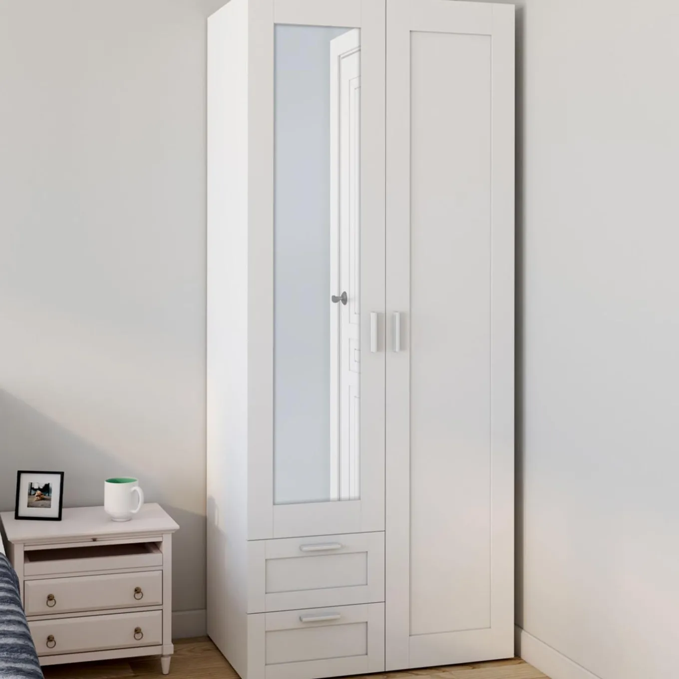 IDMarket Armoire 2 portes blanche penderie avec miroir et 2 tiroirs 80 cm* Dressings Et Portants Vêtements