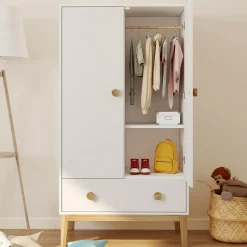 IDMarket Armoire 2 portes et tiroir blanc et bois pour enfant*Enfant Collection Scandinave|Meubles Rangement Jouet
