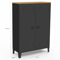 IDMarket Armoire basse industrielle 2 portes métal noir et plateau bois* Collection Télétravail|Collection Métal