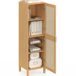 IDMarket Armoire de rangement 1 porte 3 étagères bois et cannage* Meubles Hauts|Meubles En Bois