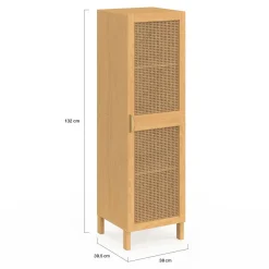 IDMarket Armoire de rangement 1 porte 3 étagères bois et cannage* Meubles Hauts|Meubles En Bois