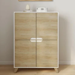 IDMarket Armoire de rangement scandinave avec 4 portes blanc et bois* Collection Scandinave|Chambre Complète Adulte