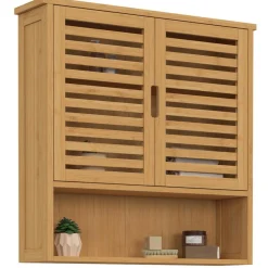 IDMarket Armoire de salle de bain murale en bambou 2 portes et étagère* Meubles Salle De Bain