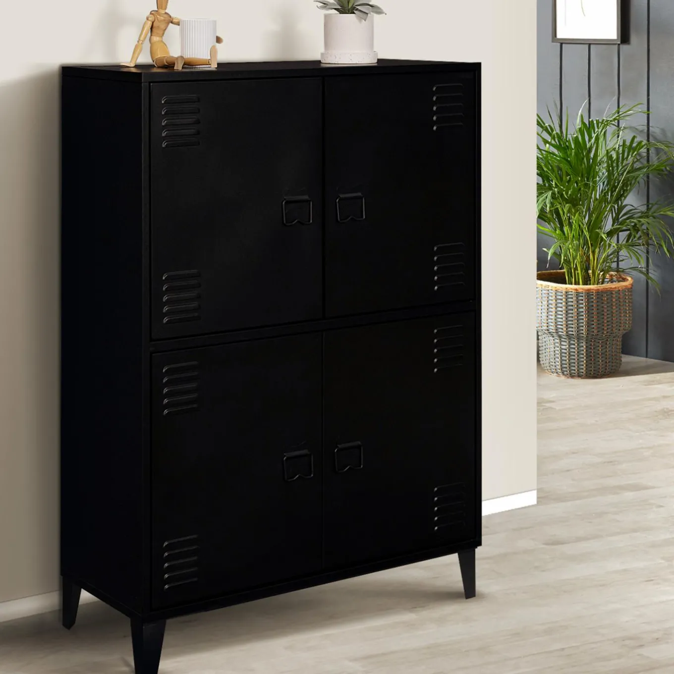 IDMarket Armoire noire et bois avec 4 portes métalliques* Rangement Et Accessoires|Meubles Hauts