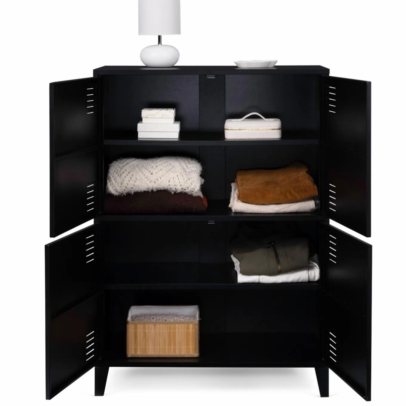 IDMarket Armoire noire et bois avec 4 portes métalliques* Rangement Et Accessoires|Meubles Hauts