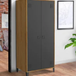 IDMarket Armoire vestiaire penderie métal noir et bois avec 2 portes* Rangement Et Accessoires|Meubles Hauts