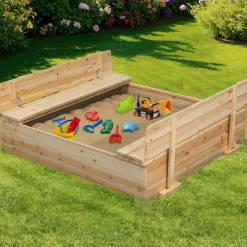 IDMarket Bac à sable bois refermable avec couvercle et 2 bancs intégrés*Enfant Jeux Enfant|Loisirs Et Jeux D'Exterieur