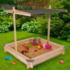 IDMarket Bac à sable en bois avec toit gris refermable*Enfant Jeux Enfant|Loisirs Et Jeux D'Exterieur