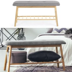 IDMarket Banc bambou tissu gris style scandinave* Collection Bambou|Bancs D'Entrée