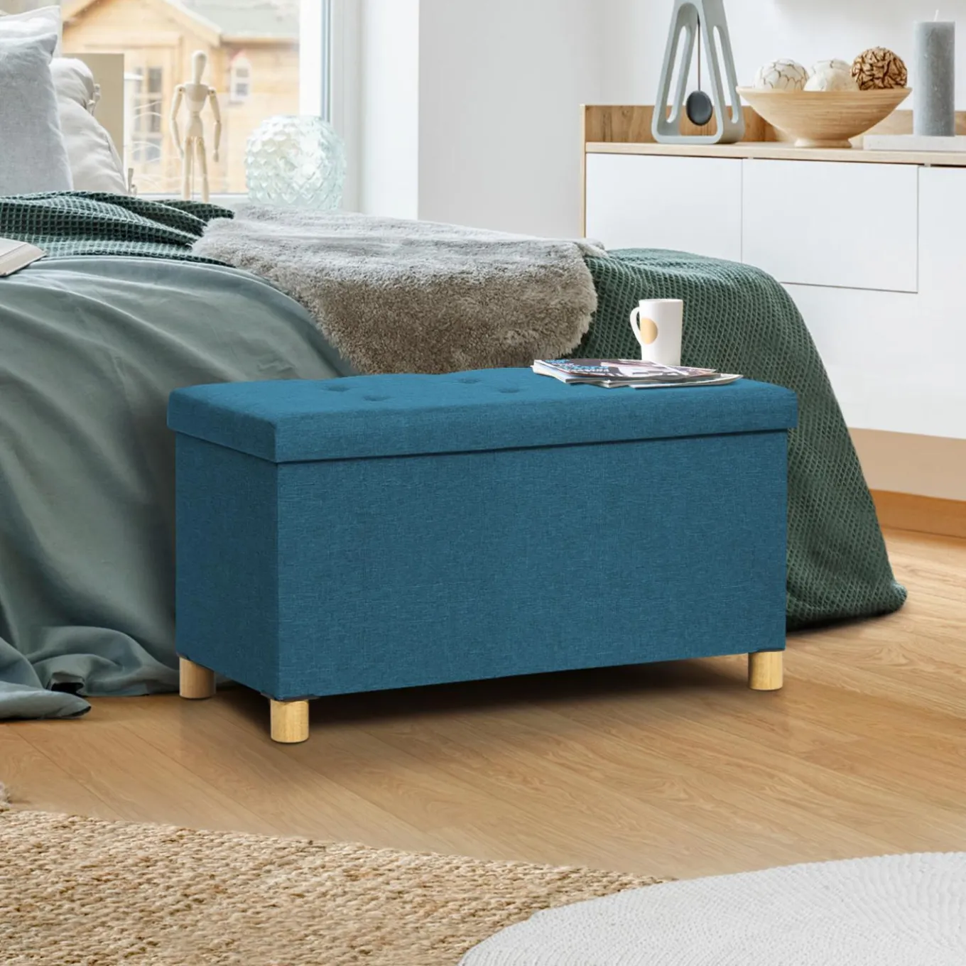IDMarket Banc coffre bleu canard 76 cm* Bancs D'Entrée|Chambre Complète Adulte
