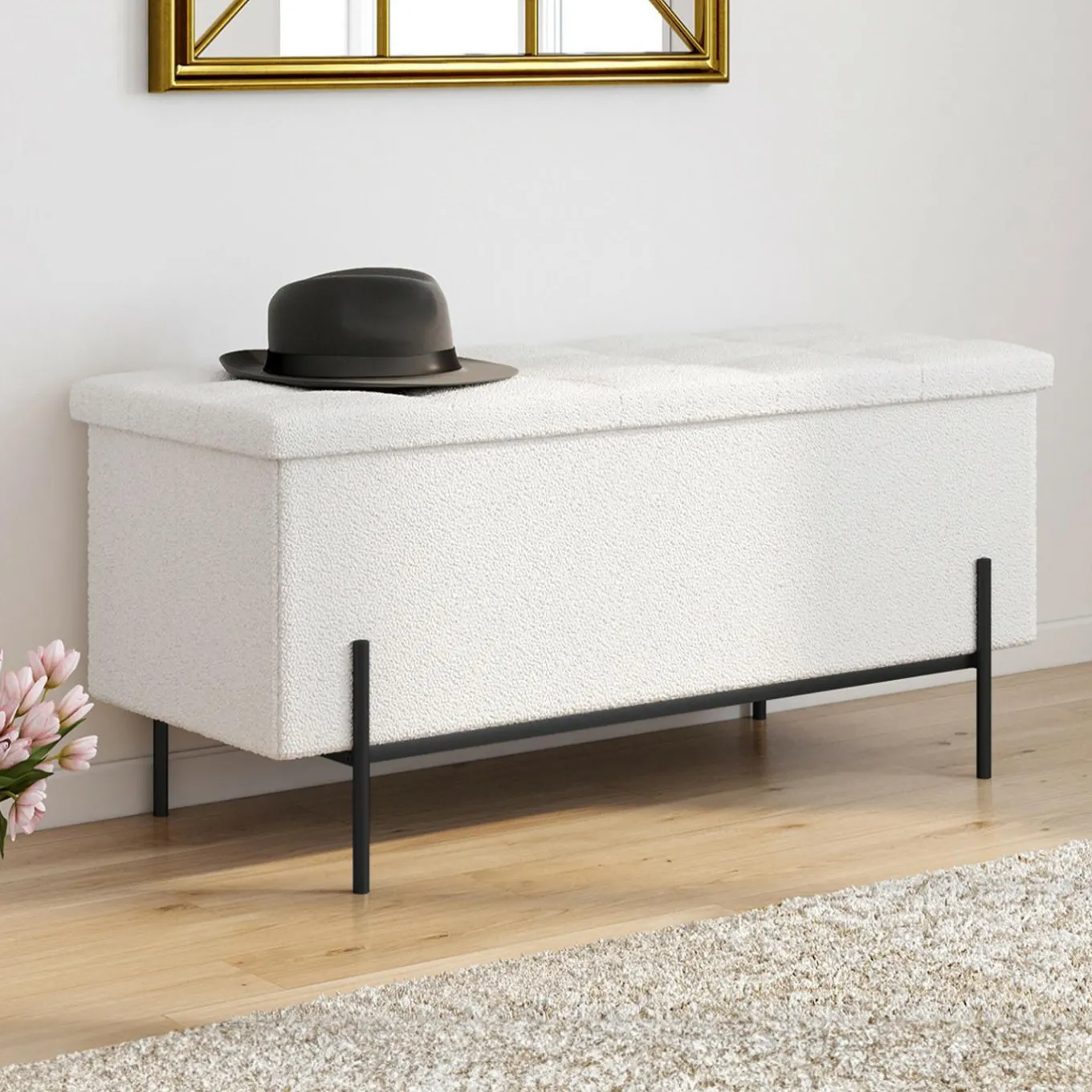 IDMarket Banc coffre rangement pieds métal noir 100 cm tissu bouclette blanc* Bancs D'Entrée|Chambre Complète Adulte