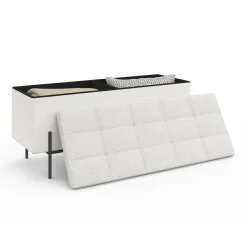 IDMarket Banc coffre rangement pieds métal noir 100 cm tissu bouclette blanc* Bancs D'Entrée|Chambre Complète Adulte