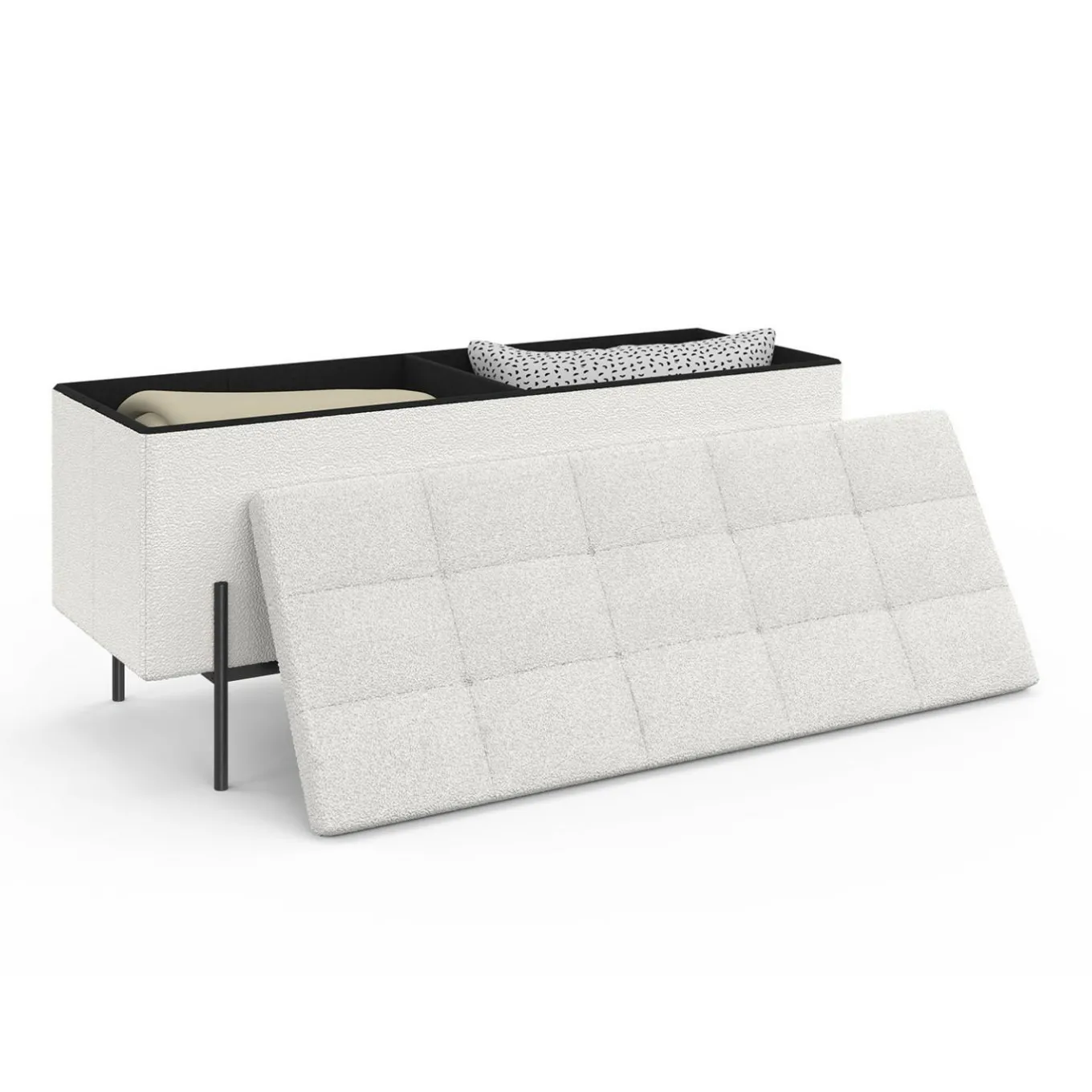 IDMarket Banc coffre rangement pieds métal noir 100 cm tissu bouclette blanc* Bancs D'Entrée|Chambre Complète Adulte