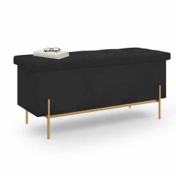 IDMarket Banc de rangement velours noir avec pieds métal doré 100 cm* Bancs D'Entrée|Chambre Complète Adulte