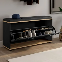 IDMarket Banc d'entrée noir avec coussin et rangement chaussures* Meubles Noirs|Collection Contemporaine