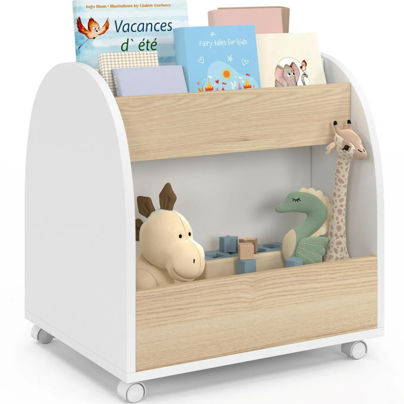 IDMarket Bibliothèque enfant sur roulettes hêtre et blanc*Enfant Meubles Blancs|Meubles En Bois