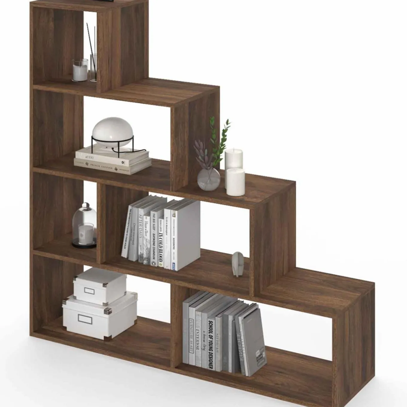 IDMarket Bibliothèque escalier bois effet noyer 6 cases* Meubles En Bois|Collection Design