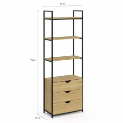 IDMarket Bibliothèque industrielle 4 niveaux 3 tiroirs* Meubles Tiroirs|Meubles Hauts