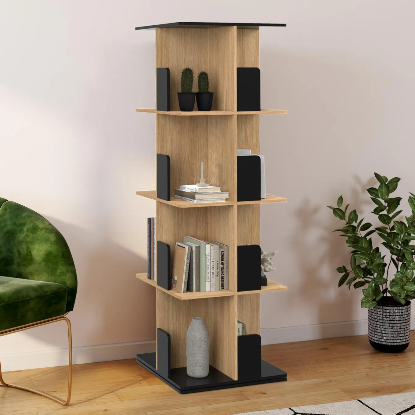 IDMarket Bibliothèque rotative 4 niveaux noir et effet bois* Meubles Noirs|Meubles En Bois