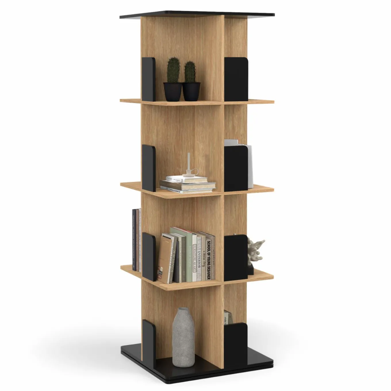 IDMarket Bibliothèque rotative 4 niveaux noir et effet bois* Meubles Noirs|Meubles En Bois