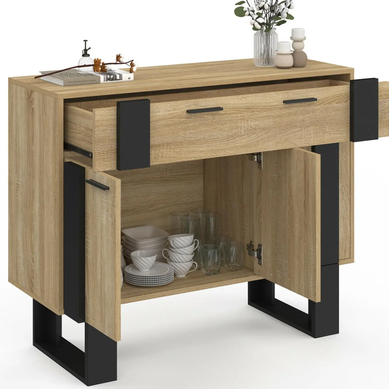 IDMarket Buffet 100 cm 3 portes 1 tiroir noir* Buffets|Collection Industrielle