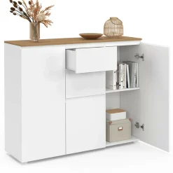 IDMarket Buffet 100 cm 3 portes 2 tiroirs blanc et plateau bois* Buffets|Collection Moderne