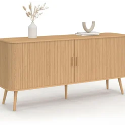 IDMarket Buffet 160 cm 2 portes coulissantes lattes tasseau bois coloris chêne* Meubles En Bois|Collection Design