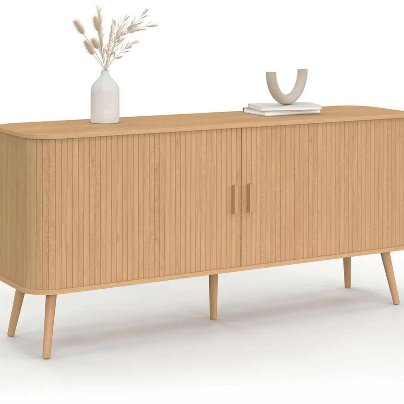 IDMarket Buffet 160 cm 2 portes coulissantes lattes tasseau bois coloris chêne* Meubles En Bois|Collection Design