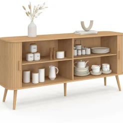 IDMarket Buffet 160 cm 2 portes coulissantes lattes tasseau bois coloris chêne* Meubles En Bois|Collection Design