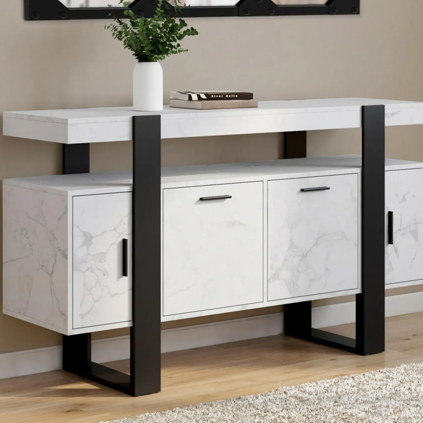 IDMarket Buffet 140 cm 4 portes effet marbre blanc et noir* Buffets|Salon Complet