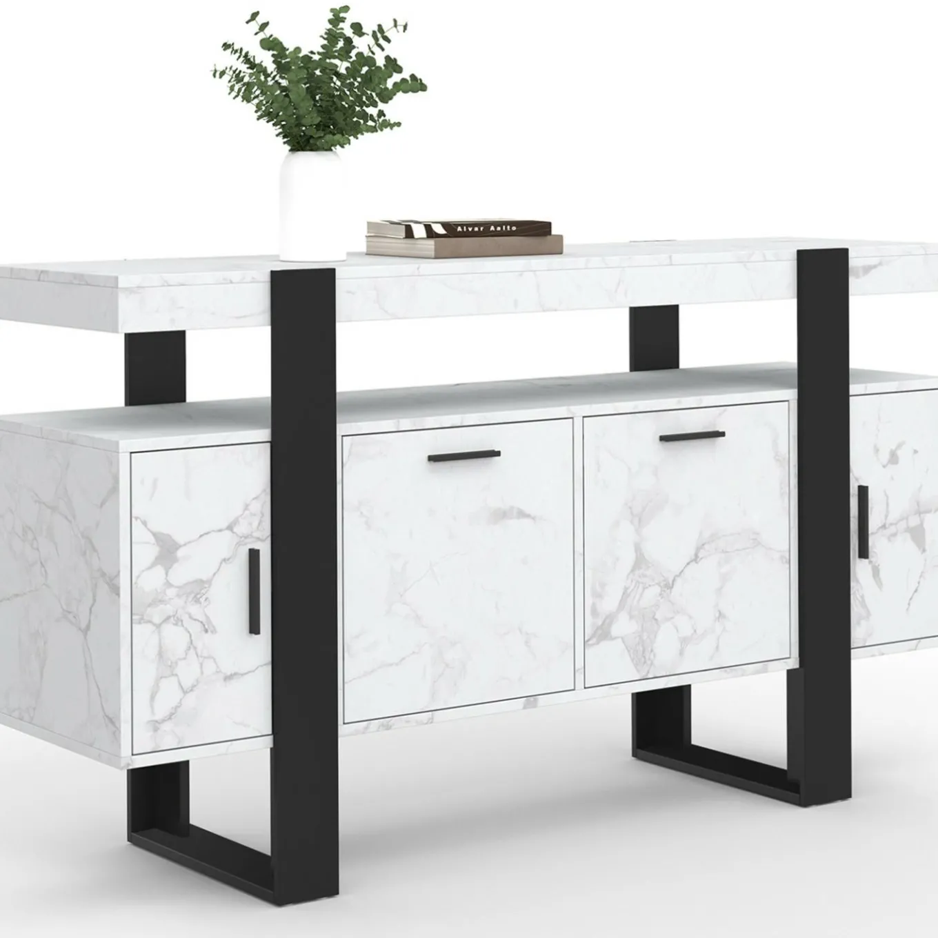 IDMarket Buffet 140 cm 4 portes effet marbre blanc et noir* Buffets|Salon Complet