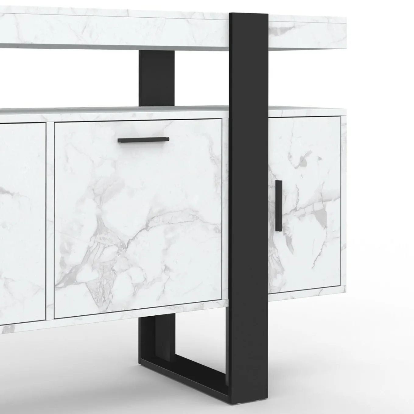 IDMarket Buffet 140 cm 4 portes effet marbre blanc et noir* Buffets|Salon Complet