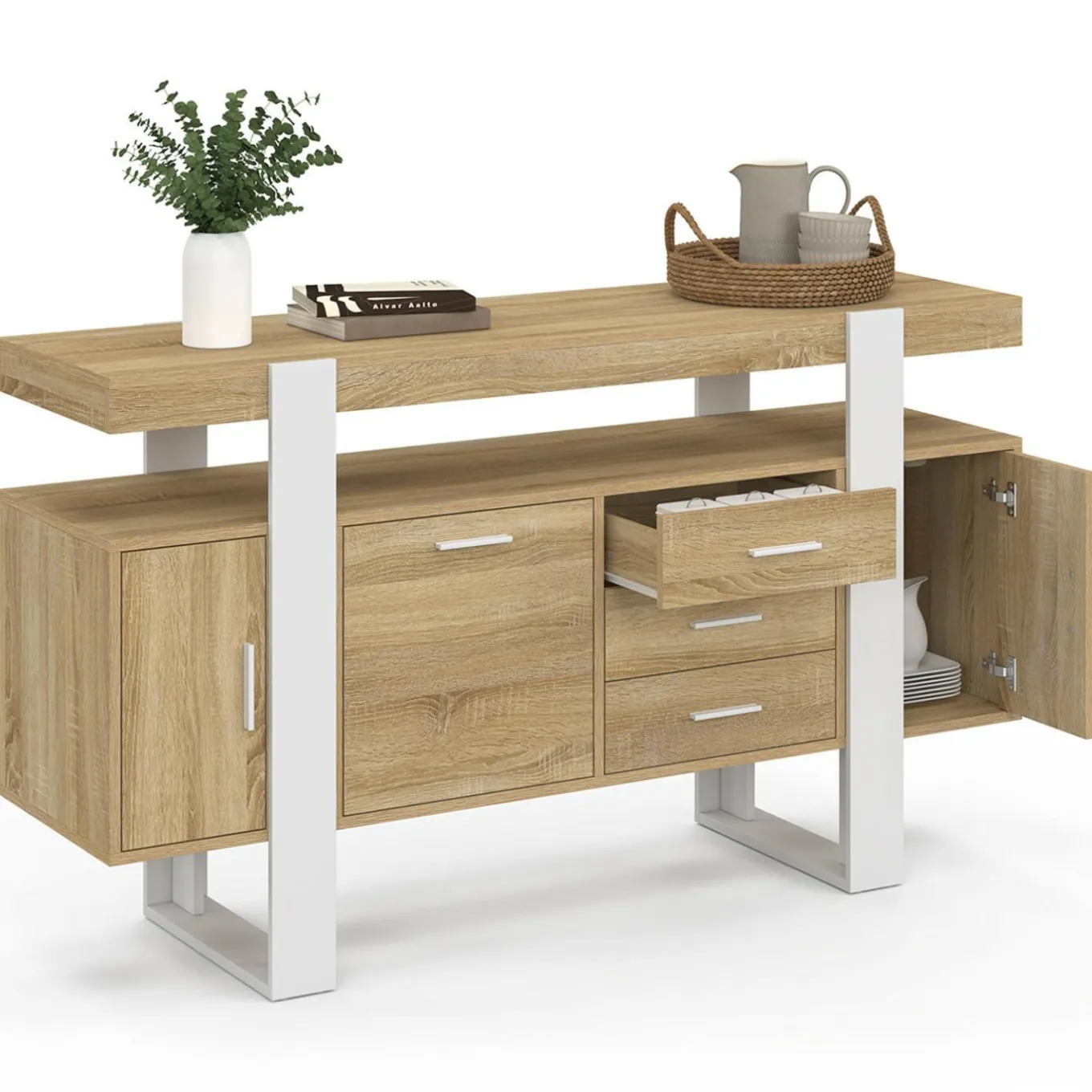 IDMarket Buffet 140 cm bois et blanc* Meubles Tiroirs|Meubles En Bois