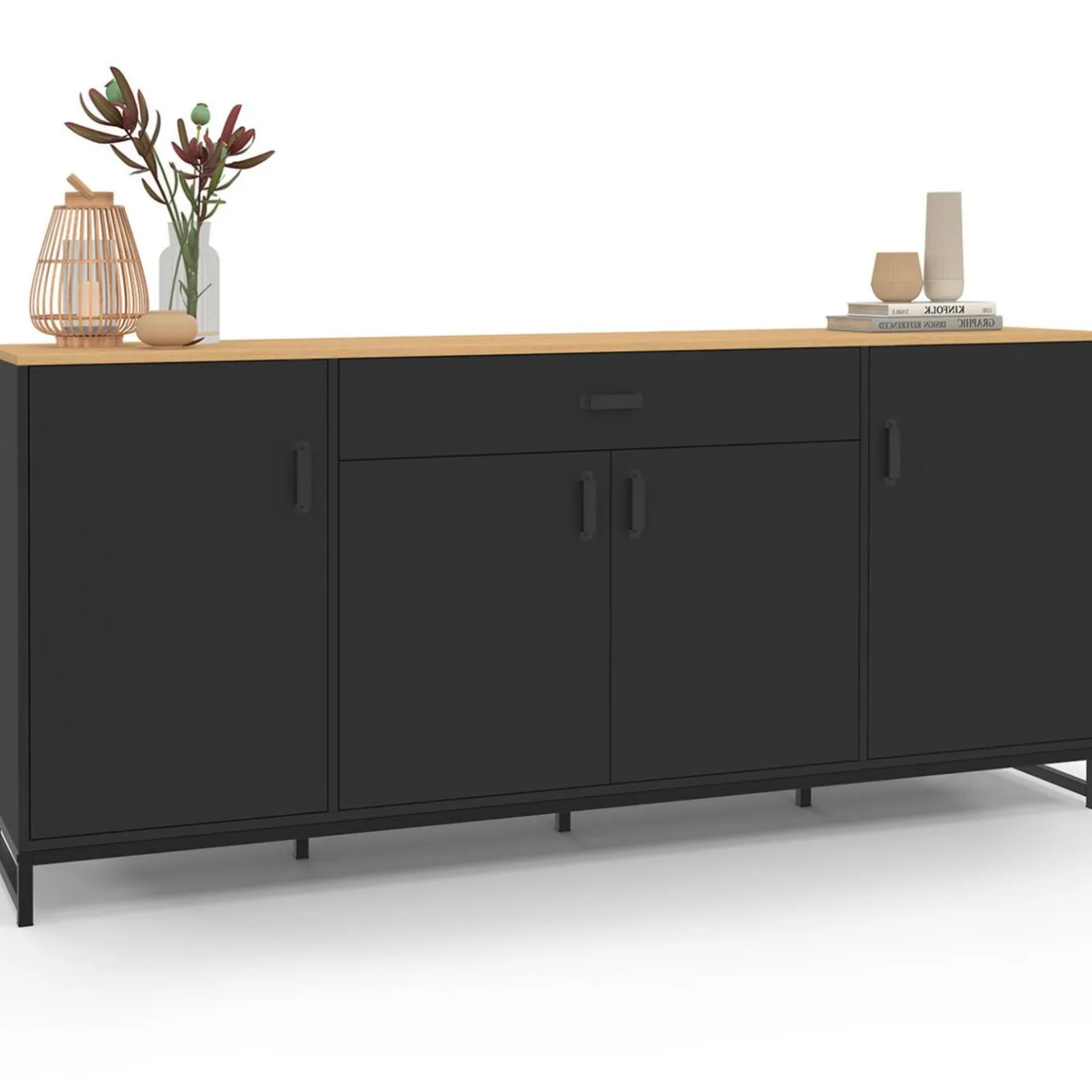 IDMarket Buffet 180 cm XXL 4 portes et 1 tiroir bois et noir* Meubles Tiroirs|Meubles Bas