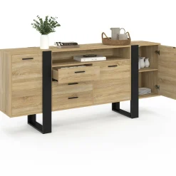 IDMarket Buffet 180 cm XXL 3 portes et 3 tiroirs avec niche bois et noir* Meubles Noirs|Meubles En Bois