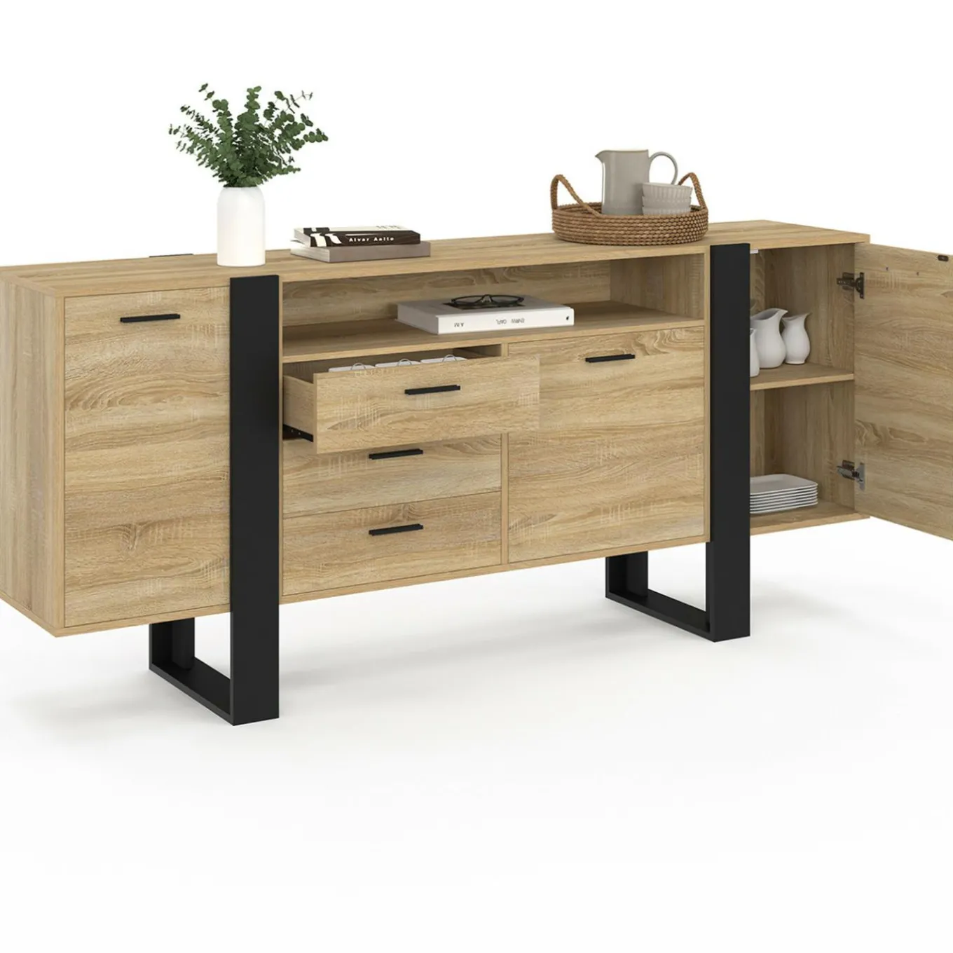 IDMarket Buffet 180 cm XXL 3 portes et 3 tiroirs avec niche bois et noir* Meubles Noirs|Meubles En Bois