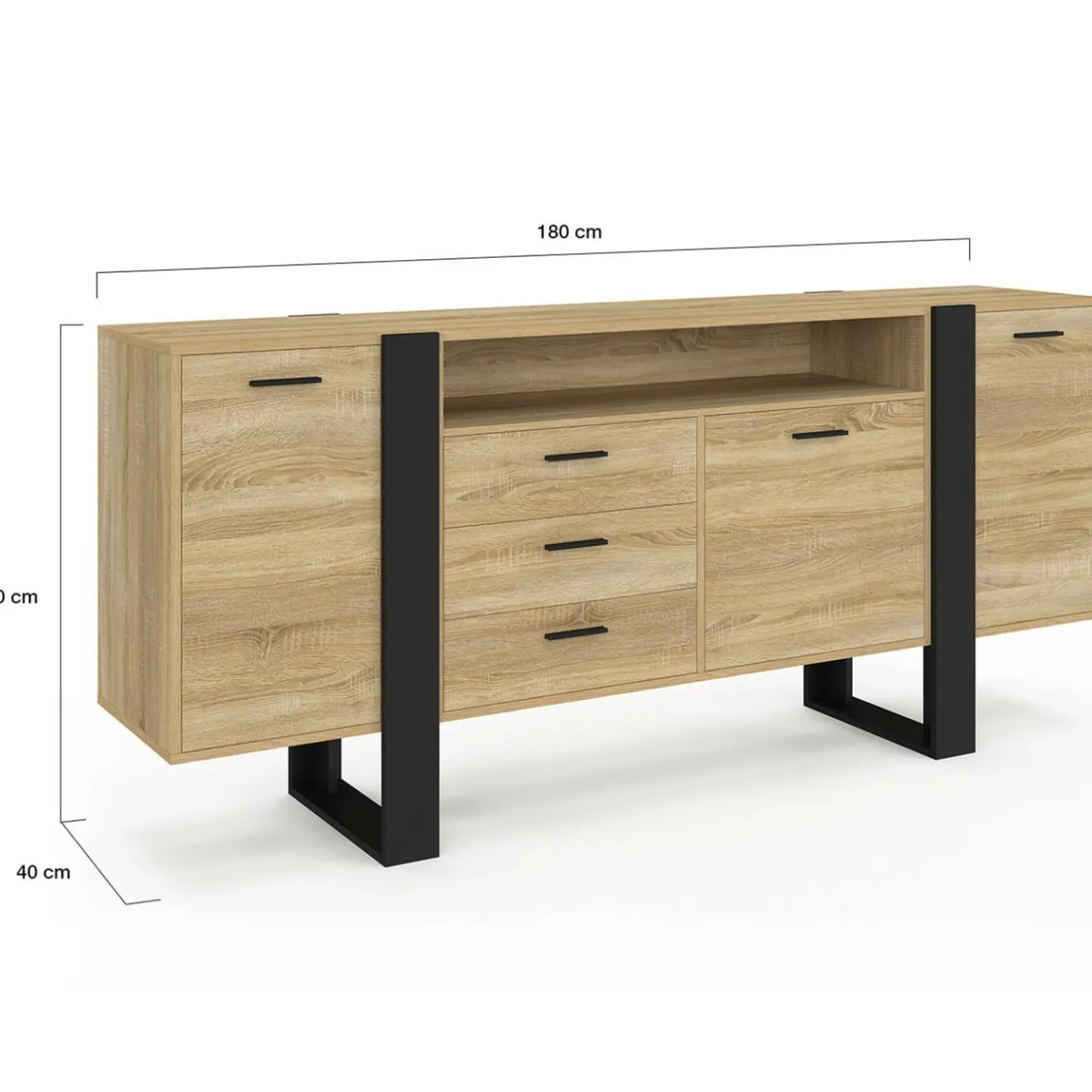 IDMarket Buffet 180 cm XXL 3 portes et 3 tiroirs avec niche bois et noir* Meubles Noirs|Meubles En Bois