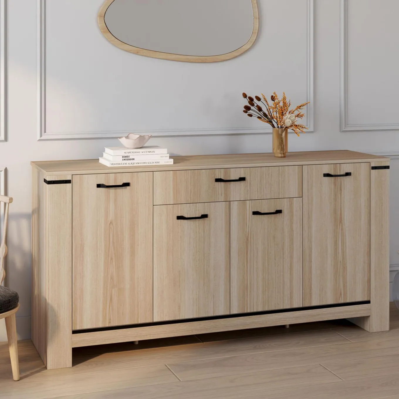 IDMarket Buffet 4 portes avec tiroir bois clair 160 cm* Collection Design|Collection Contemporaine