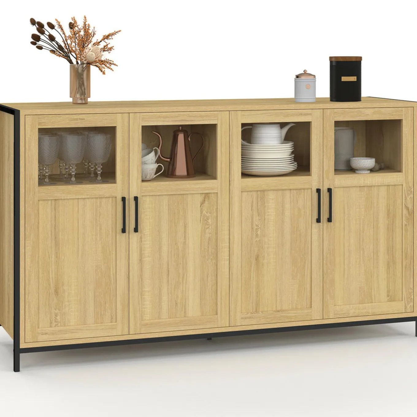 IDMarket Buffet 4 portes avec vitrines 140cm design industriel* Buffets|Salle À Manger Complète