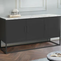 IDMarket Buffet bas 113 cm 3 portes noires plateau effet marbre blanc* Salon Complet|Buffets