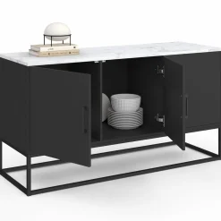 IDMarket Buffet bas 113 cm 3 portes noires plateau effet marbre blanc* Salon Complet|Buffets