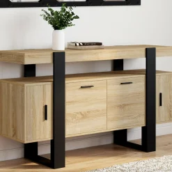 IDMarket Buffet bas 140 cm bois imitation hêtre et noir 4 portes* Meubles En Bois|Collection Design