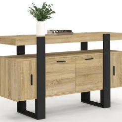 IDMarket Buffet bas 140 cm bois imitation hêtre et noir 4 portes* Meubles En Bois|Collection Design